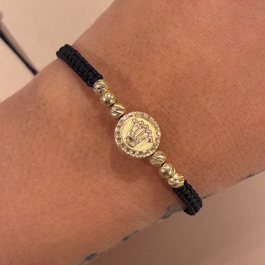 BLACK THREAD BRACELET WITH DIAMOND CROWN CHARM + 6 4M DIAMOND BALLS 18K YELLOW GOLD - 1.08GR