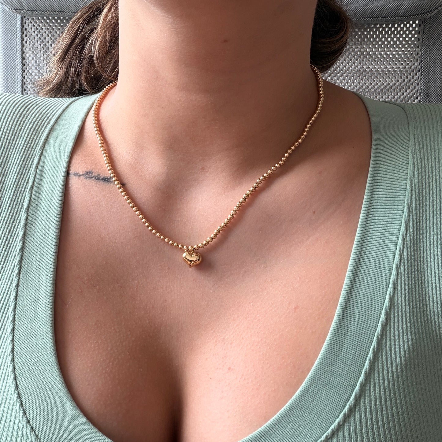 SMOOTH BALL CHAIN 3MM + SMOOTH HEART PENDANT YELLOW GOLD ITALY ESP 18K 43CM TO 46CM - 3.0GR