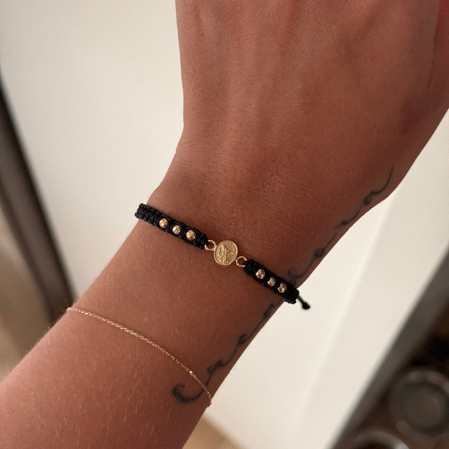 SAINT MICHAEL THE ARCHANGEL BLACK THREAD BRACELET + 6 3M 18K YELLOW GOLD BALLS 0.7GR