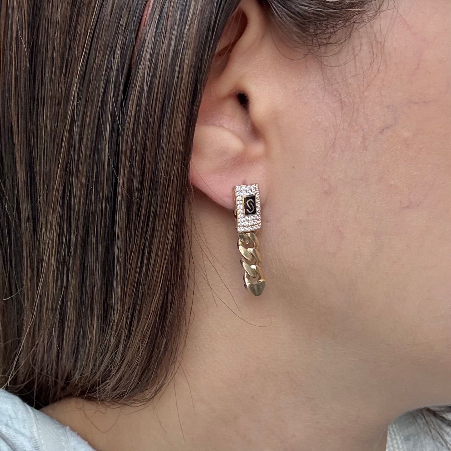 MONACO CUBAN STYLE HOOP EARRINGS WHITE STONES YELLOW GOLD 18K ITALY - 4.87GR