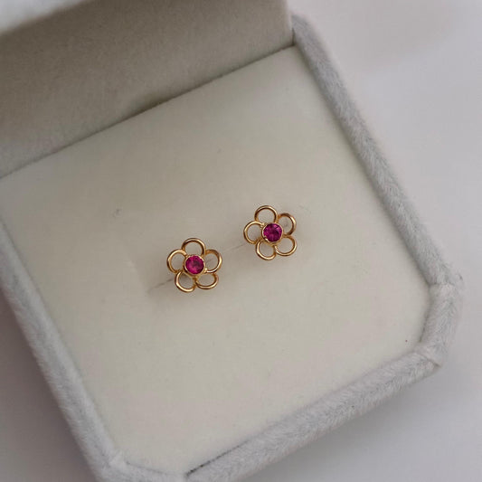 STUDS FLOWER IN SILHOUETTE RED STONE YELLOW GOLD COL 18K - 0.78GR
