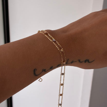 TOBILLERA MINI ROLON + BOLAS DIAMANTADAS TRES OROS ITALY 18K 23CM - 25,5CM -  3,0GR