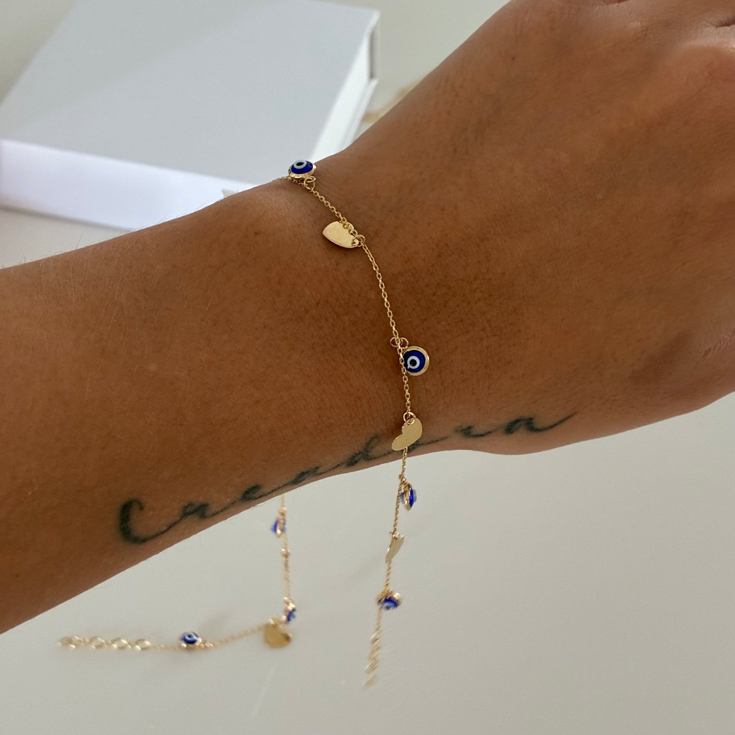 Turkish Eye Nazar Heart Bracelet, Yellow Gold, Italy, 18K, 17cm to 19cm - 1.95g