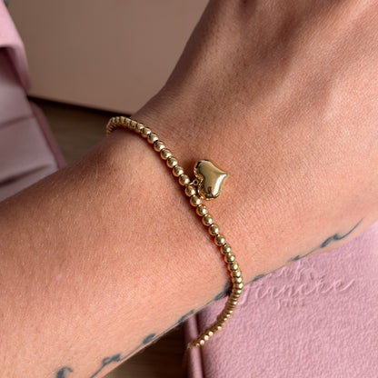 SMOOTH BEAD BRACELET 3MM + SMOOTH HEART CHARM YELLOW GOLD ITALY ESP 18K 17CM TO 20CM - 1.54GR