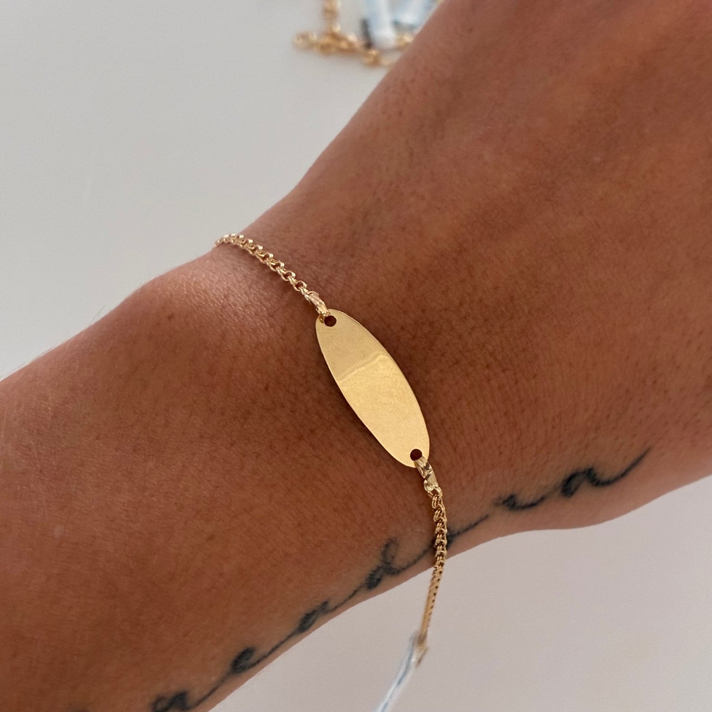 BABY BRACELET WITH OVAL PLATE AND RING, 18K YELLOW GOLD, 15CM - 1.39GR