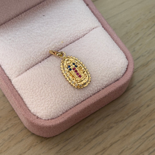 VIRGIN OF GUADALUPE PENDANT SILHOUETTE WHEAT EARS BLUE STONES 18K YELLOW GOLD - 1.41GR