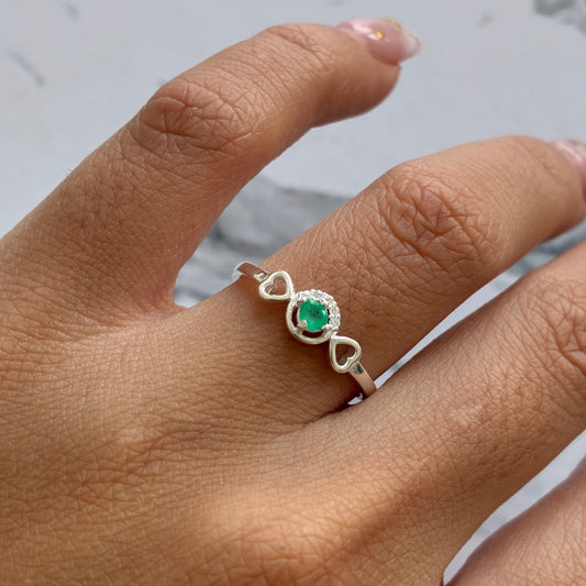 Hearts Ring with White Stones, 925 Sterling Silver + Natural Emerald, Size 7