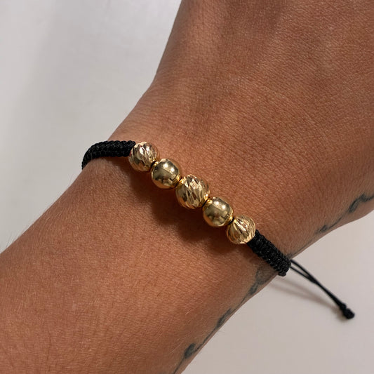 WOVEN BRACELET BLACK THREAD 5 BEADS (8M/7M) 18K YELLOW GOLD - 1.3GR
