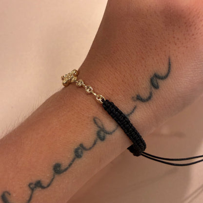 BLACK THREAD BRACELET WITH DIAMOND CLOVER CHARM + COFFEE BEAN 18K YELLOW GOLD - 0.84GR