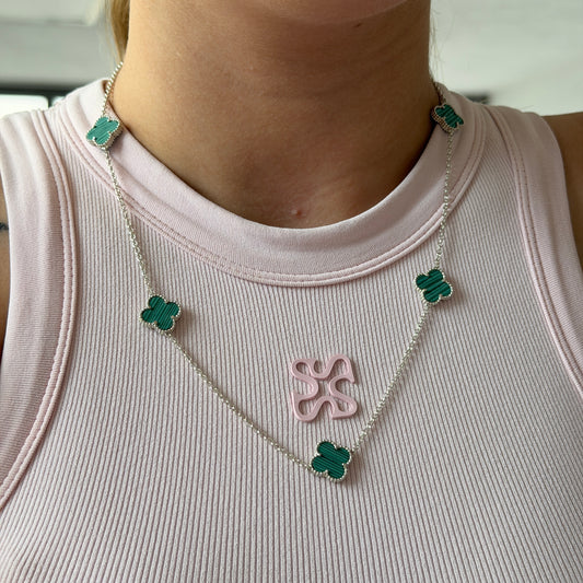 CADENA 5 TREBOLES PIEDRA VERDE MALAQUITA PLATA 925 - 43CM A 50CM