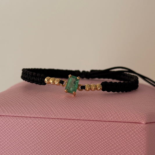 BLACK THREAD BRACELET WITH NATURAL EMERALD HARDWARE + 6 3M 18K YELLOW GOLD BALLS 1.05GR+0.35 QTS