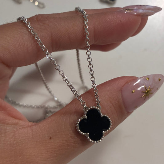 CADENA MINI ROLON + DIJE TREBOL NEGRO 13MM PLATA 925 - 50CM