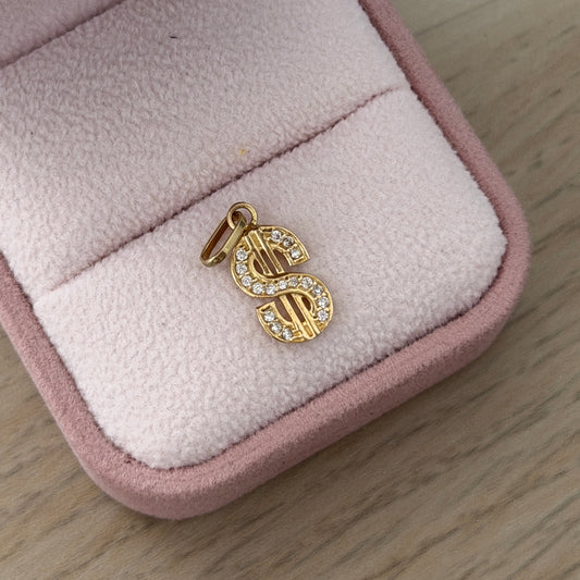 Dollar Sign Pendant with White Stones in 18K Yellow Gold - 1.09g