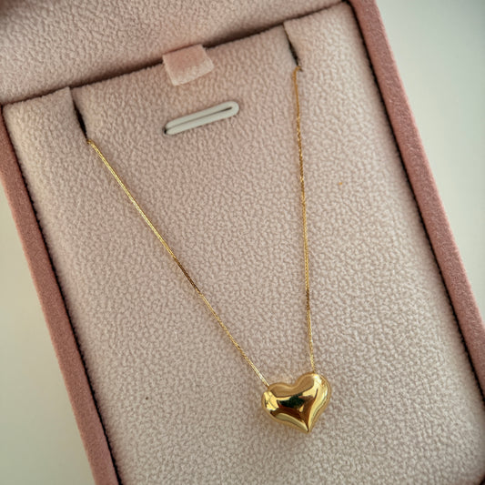 MINI FRANCO CHAIN 0.6MM + PUFFY HEART PENDANT YELLOW GOLD ITALY ESP 18K 45CM - 1.07GR