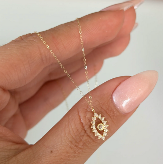 MINI ROLON CHAIN + EYE PENDANT WITH WHITE STONE YELLOW GOLD ITALY 18K 40CM - 0.61GR