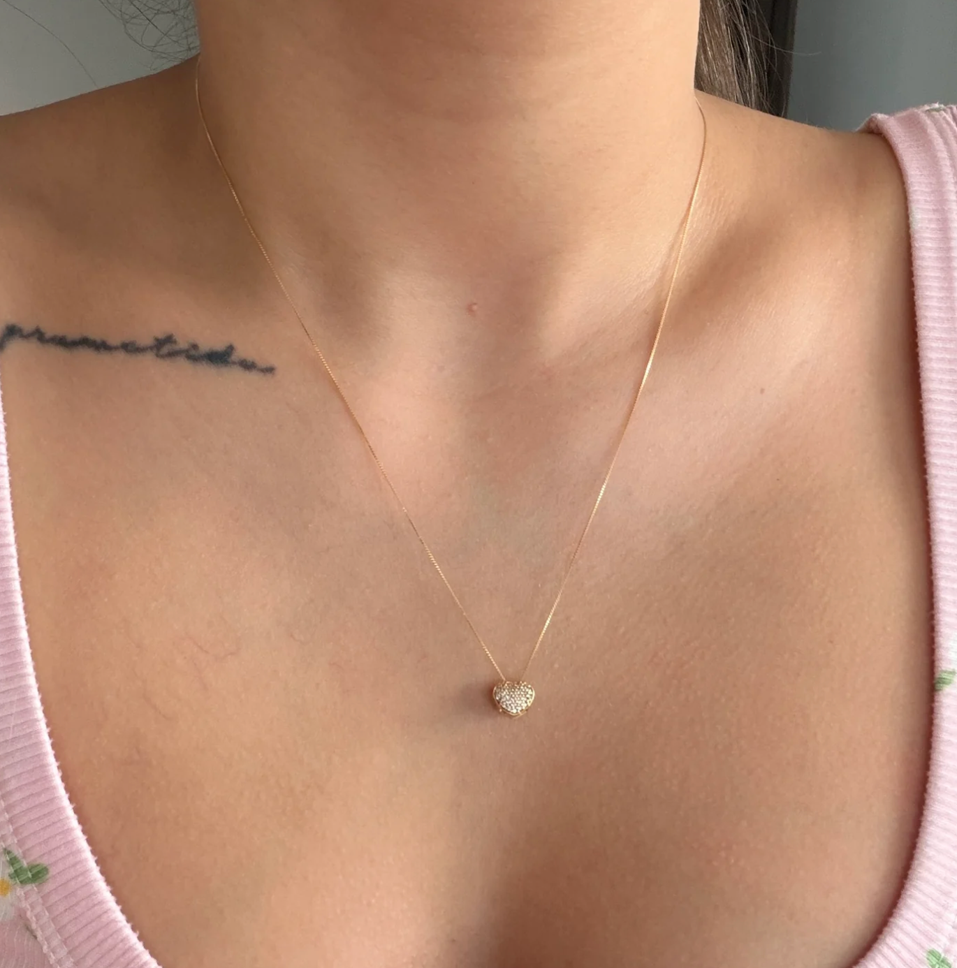 GOLD THREAD CHAIN 0.6MM + WHITE STONE HEART PENDANT YELLOW GOLD ITALY 18K 50CM - 2.03GR