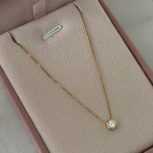 GOLD THREAD CHAIN 0.5MM + WHITE MOISSANITE SPARKLE PENDANT 4MM YELLOW GOLD ITALY 18K 50CM - 1.2GR