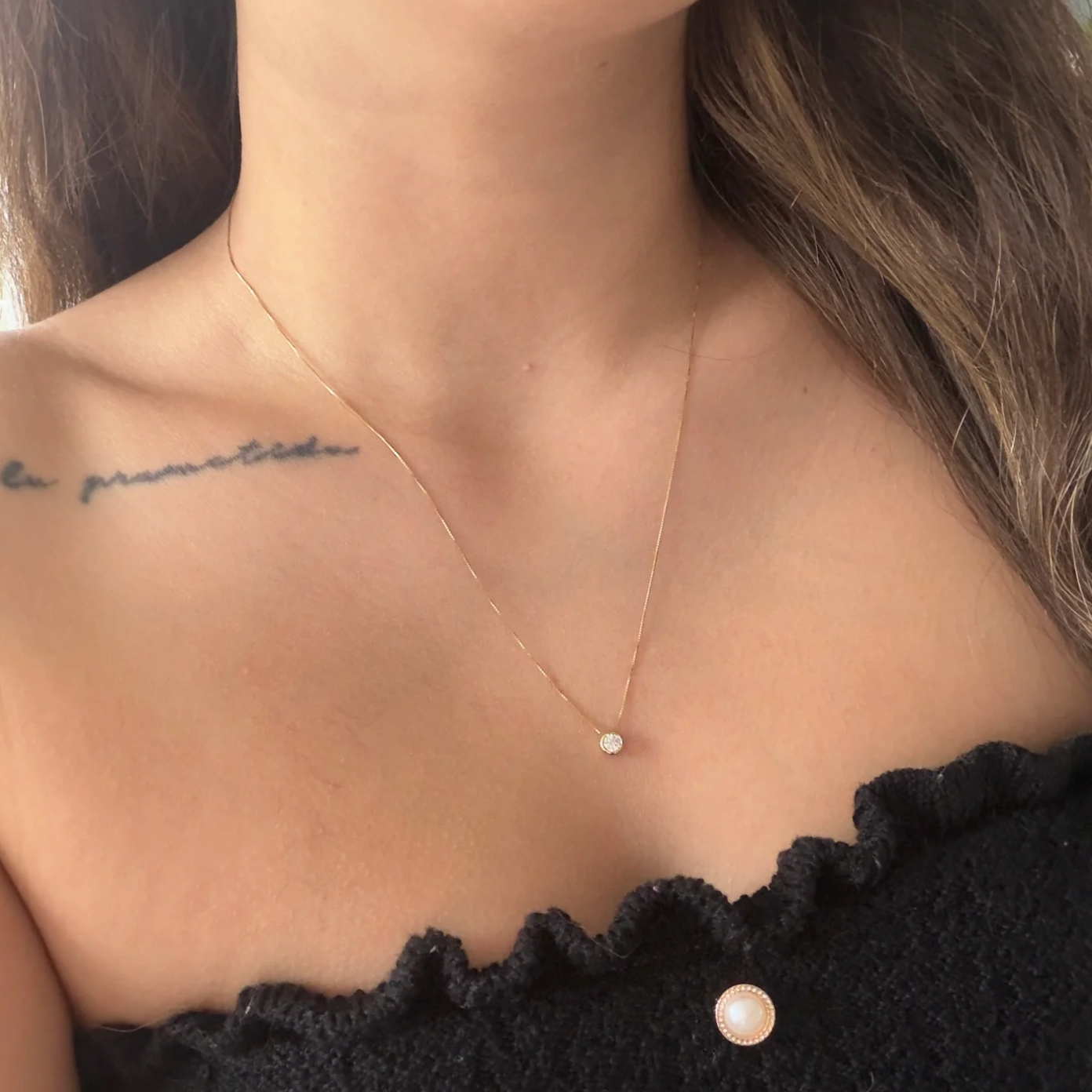 GOLD THREAD CHAIN 0.5MM + WHITE MOISSANITE SPARKLE PENDANT 4MM YELLOW GOLD ITALY 18K 50CM - 1.2GR
