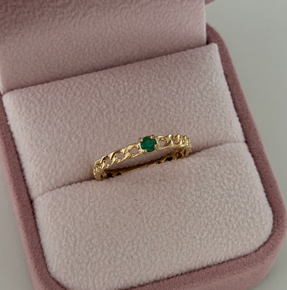 SMOOTH CUBAN RING + NATURAL EMERALD 2.8MM 18K YELLOW GOLD SIZE 7 - 1.62GR