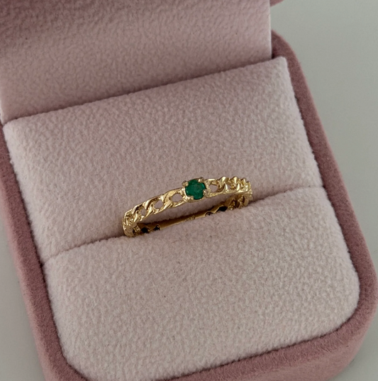 SMOOTH CUBAN RING + NATURAL EMERALD 2.8MM 18K YELLOW GOLD SIZE 7 - 1.62GR