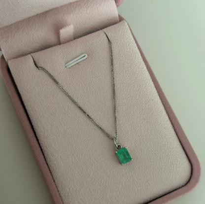 1.1MM MINI FRANCO CHAIN + 5.3MM X 6.9MM NATURAL EMERALD PENDANT WHITE GOLD ITALY 18K 50CM - 3.0GR