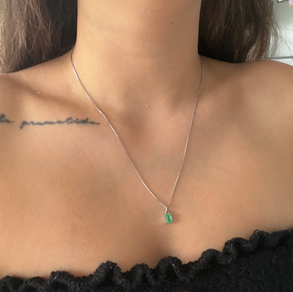 1.1MM MINI FRANCO CHAIN + 5.3MM X 6.9MM NATURAL EMERALD PENDANT WHITE GOLD ITALY 18K 50CM - 3.0GR