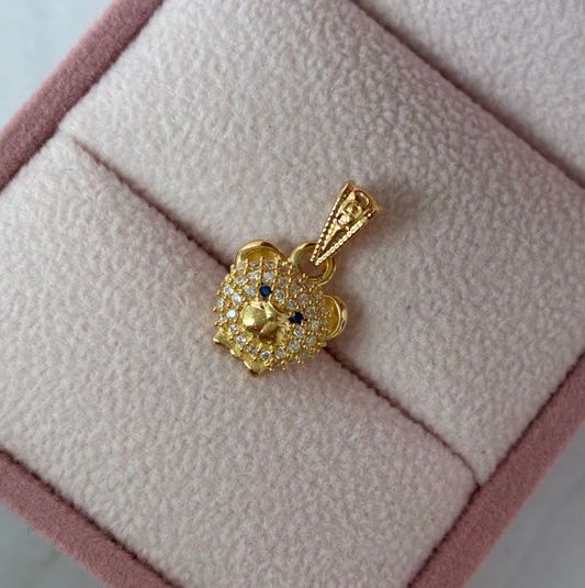 DIJE CARA DE OSO PIEDRAS BLANCAS - OJOS AZULES 1.8CM ORO AMARILLO COL 18K - 1,07GR
