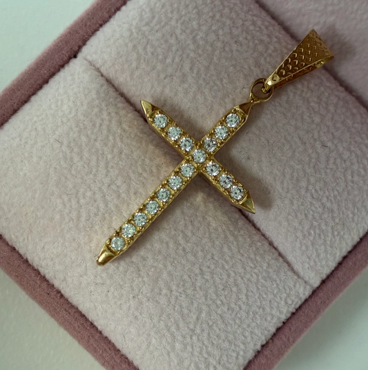 DIJE CRUZ CUADRADA CON PUNTAS PIEDRAS BLANCAS 4.2CM ORO AMARILLO COL 18K - 2,3GR