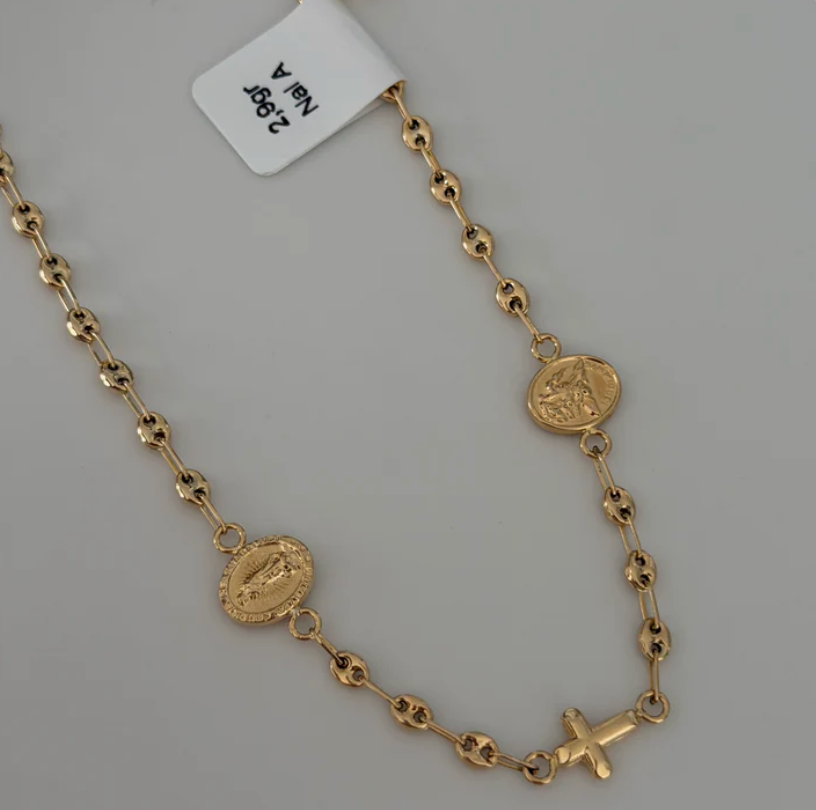 PULSERA GRANO DE CAFÉ LISO 3.2MM + DIJES ( SAN MIGUEL - CRUZ - VIRGEN DE GUADALUPE) ORO AMARILLO COL 18K 19.5CM - 2,9GR