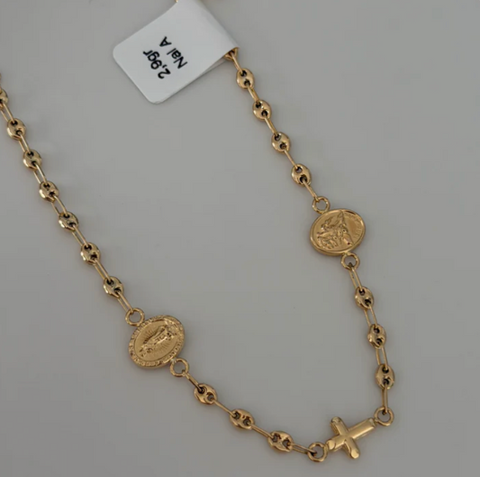 SMOOTH COFFEE BEAN BRACELET 3.2MM + CHARMS (SAINT MICHAEL - CROSS - VIRGIN OF GUADALUPE) 18K YELLOW GOLD 19.5CM - 2.9GR