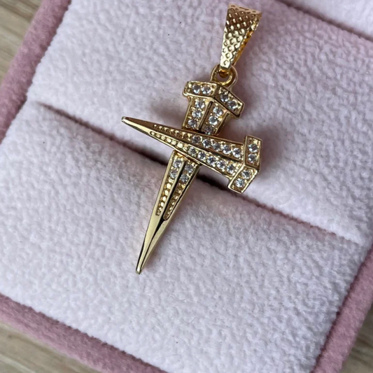 CROSS PENDANT WITH NAIL AND WHITE STONES 3.2CM 18K YELLOW GOLD - 2.40GR