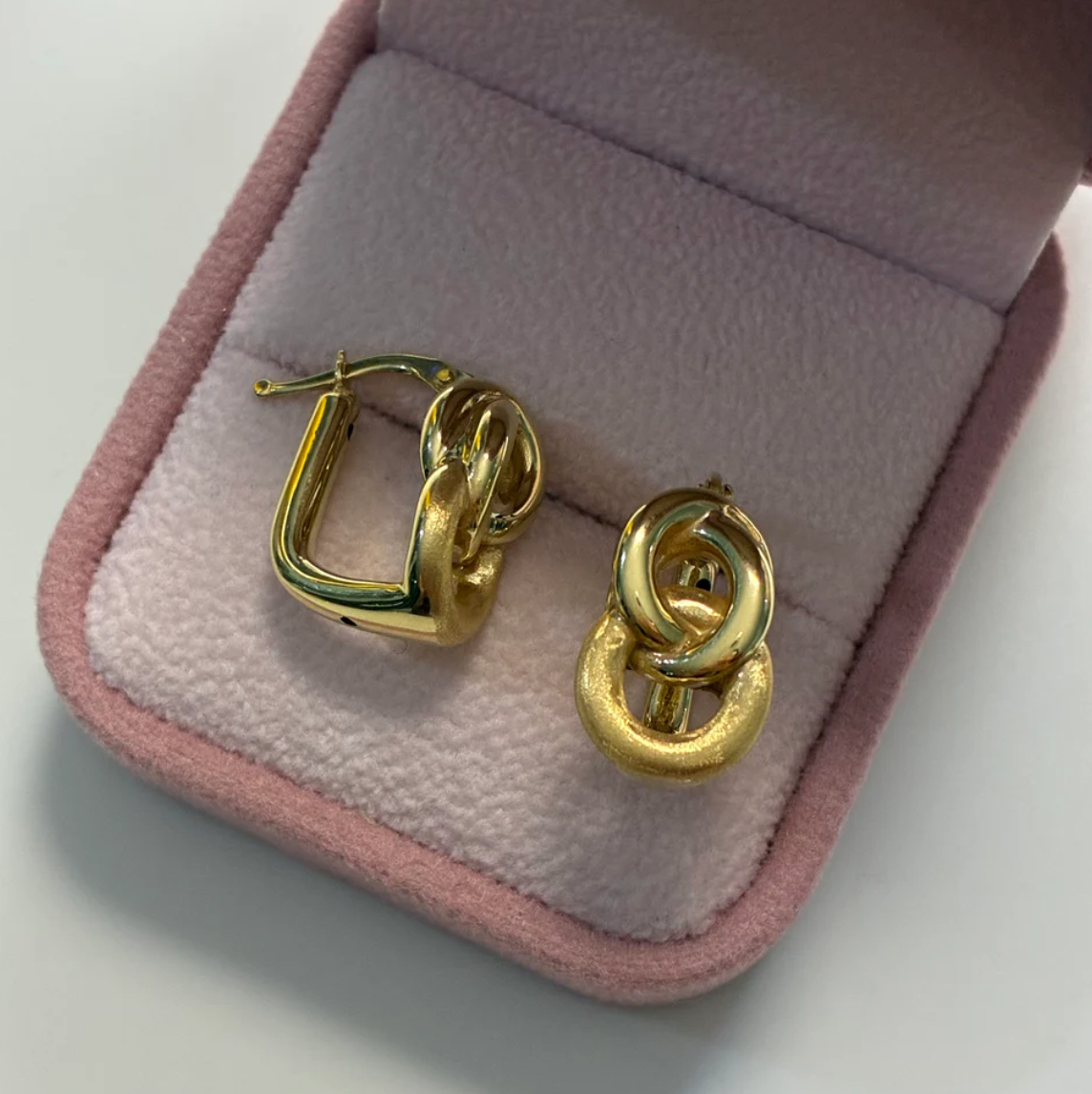 SQUARE HOOP EARRINGS LINK DESIGN 1.3CM YELLOW GOLD ITALY 18K - 2.7GR