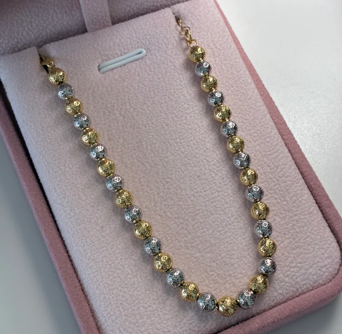 DIAMOND-CUT BEAD BRACELET DISCO 5MM WHITE AND YELLOW GOLD ITALY 18CM TO 19CM - 4.55GR