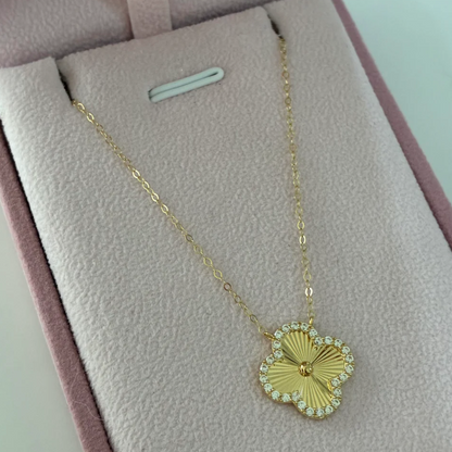 MINI ROLON CHAIN + DIAMOND-CUT CLOVER PENDANT WITH WHITE STONES YELLOW GOLD ITALY 18K 40CM TO 42CM - 1.62GR