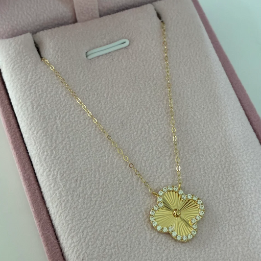 CADENA MINI ROLON + DIJE TREBOL DIAMANTADO PIEDRAS BLANCAS ORO AMARILLO ITALY 18K 40CM A 42CM - 1,62GR