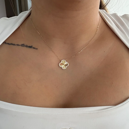 MINI ROLON CHAIN + DIAMOND-CUT CLOVER PENDANT WITH WHITE STONES YELLOW GOLD ITALY 18K 40CM TO 42CM - 1.62GR
