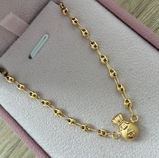 PULSERA GRANO DE CAFÉ CON HERRAJE BOLSA DE DINERO 3.2MM ORO AMARILLO COL 18K 19CM - 2.28GR