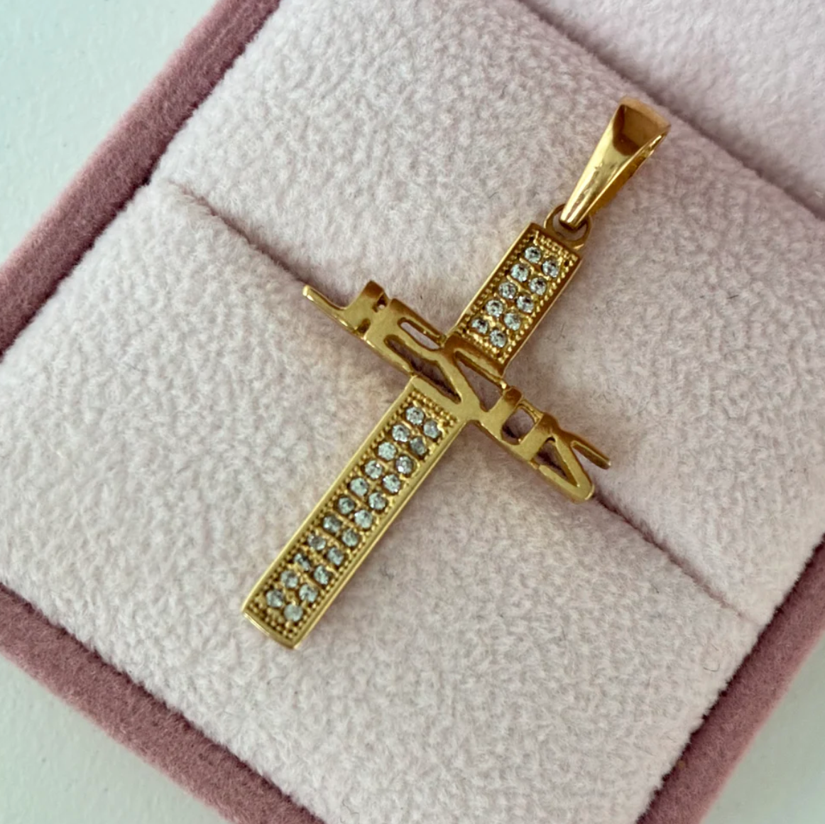 WHITE STONES CROSS PENDANT + PLAIN JESUS PENDANT 3.7CM YELLOW GOLD 18K - 2.53GR