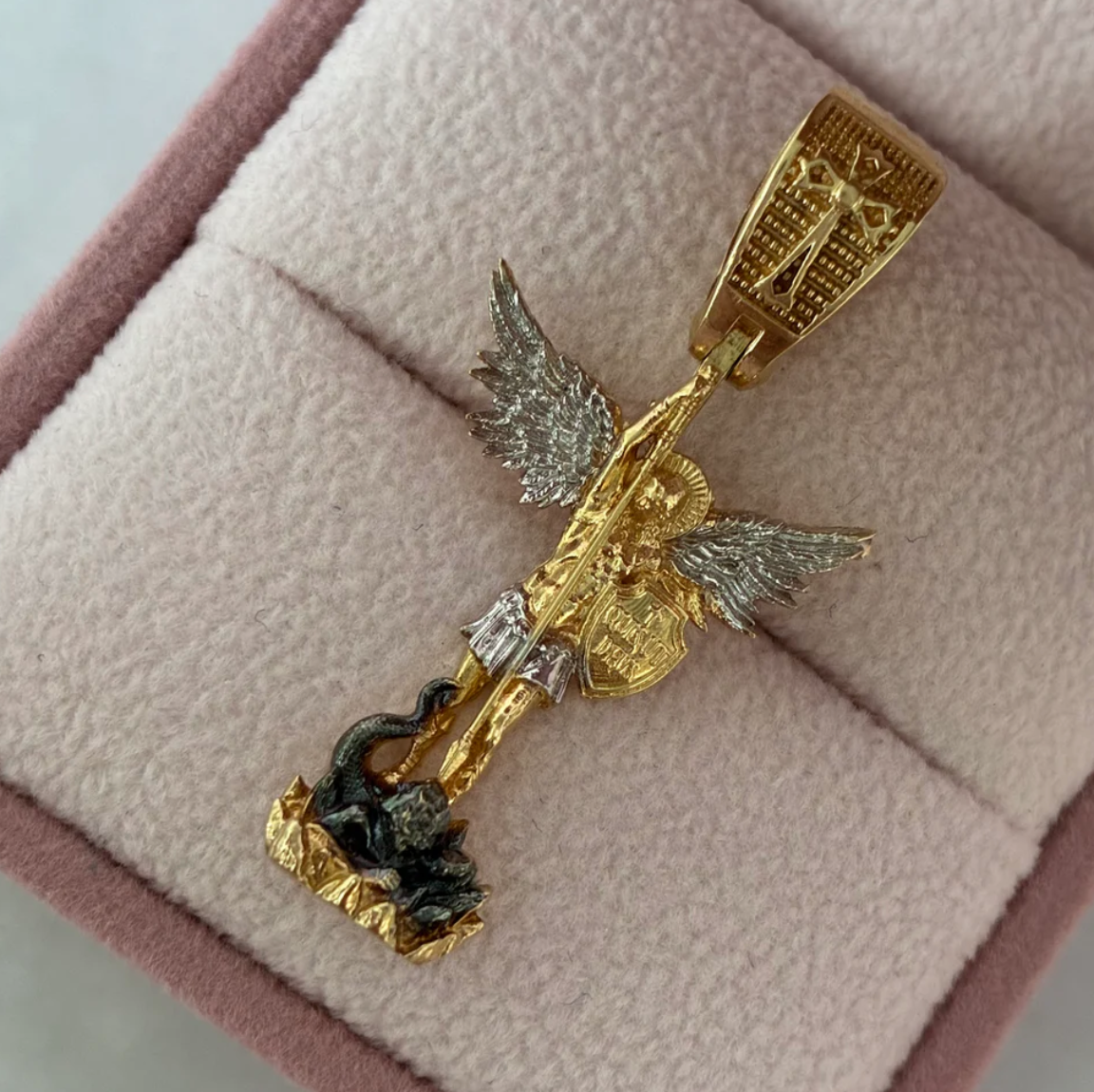 PENDANT ST MICHAEL ARCHANGEL SILHOUETTE 3.8CM YELLOW AND WHITE GOLD 18K -5.05GR