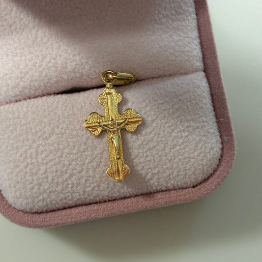 CROSS PENDANT WITH FROSTED WAVY CHRIST 2CM 18K YELLOW GOLD - 1.0GR