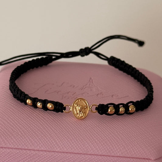 SAINT MICHAEL THE ARCHANGEL BLACK THREAD BRACELET + 6 3M 18K YELLOW GOLD BALLS 0.7GR