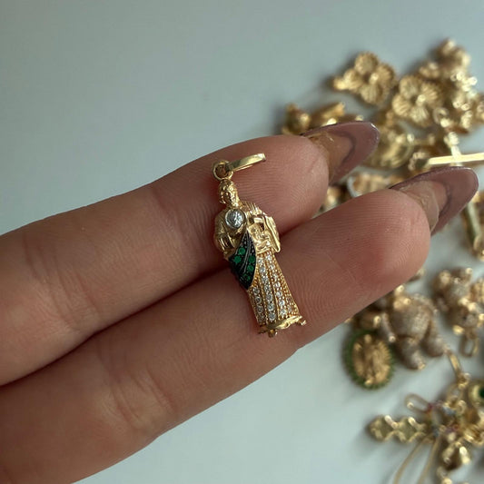 DIJE SAN JUDAS TADEO PIEDRAS VERDES Y BLANCO 2.5CM ORO AMARILLO COL 18K - 1,88GR
