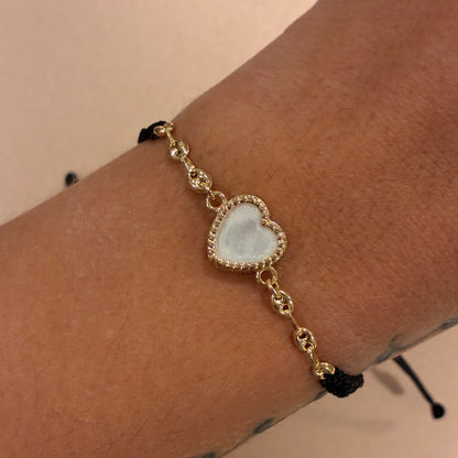 BLACK THREAD BRACELET WHITE HEART CHARM + COFFEE BEAN 18K YELLOW GOLD - 1.83GR