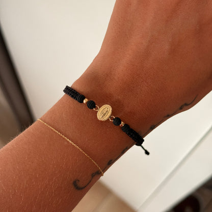 BLACK THREAD BRACELET VIRGIN OF GUADALUPE + 2 3M YELLOW GOLD 18K BALLS 0.5GR