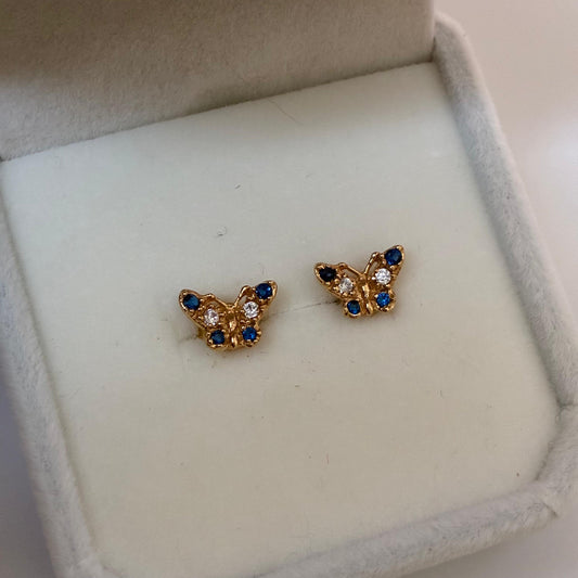 BUTTERFLY STUDS WHITE AND BLUE STONES YELLOW GOLD COL 18K - 1.24GR