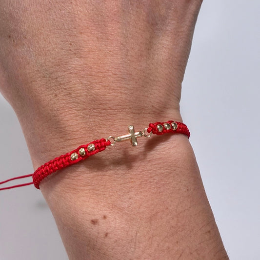 RED STRAND BRACELET WITH PLAIN CROSS CHARM + 3MM PLAIN BEADS 18K YELLOW GOLD - 0.57GR