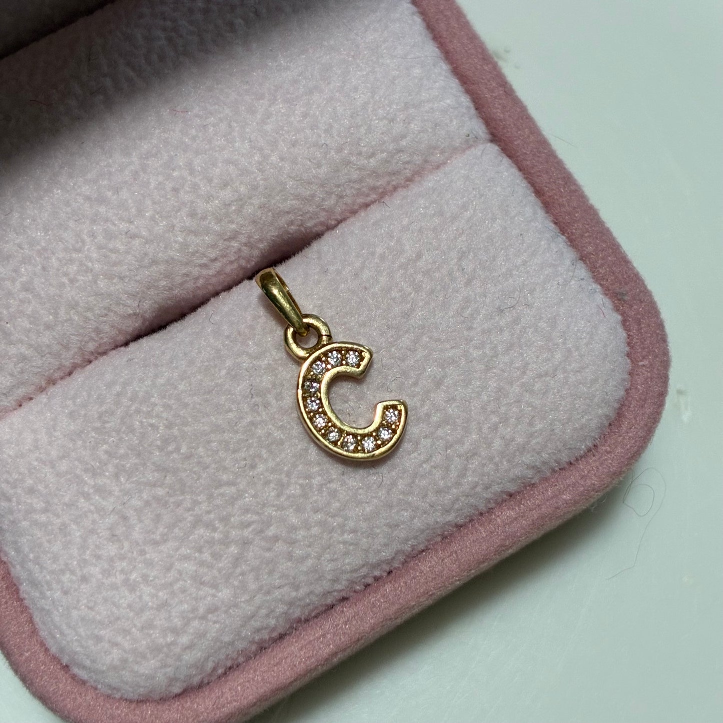 Letter C Silhouette Pendant with White Stones, 1.4cm, 18K Yellow Gold - 0.71g