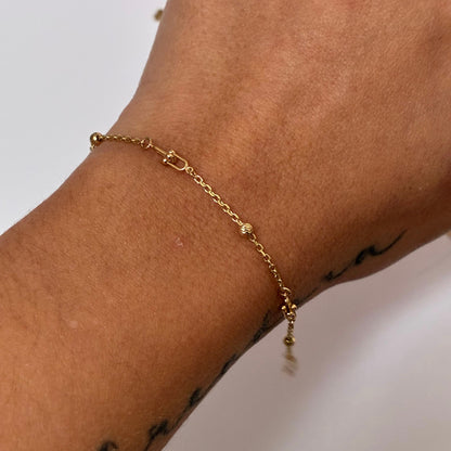 MINI ROLON BRACELET + 3MM DIAMONDS BALLS AND PAPER CLIP HUGS YELLOW GOLD ITALY ESP 18K 16.5CM TO 18.5CM - 2.29GR