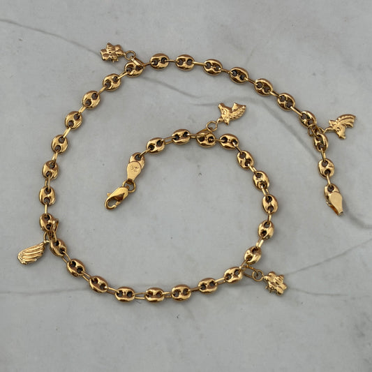 ANKLET COFFEE BEAN + CHARMS (UNICORN - WING - BEE) 4.2MM 18K YELLOW GOLD 26CM - 4.88GR