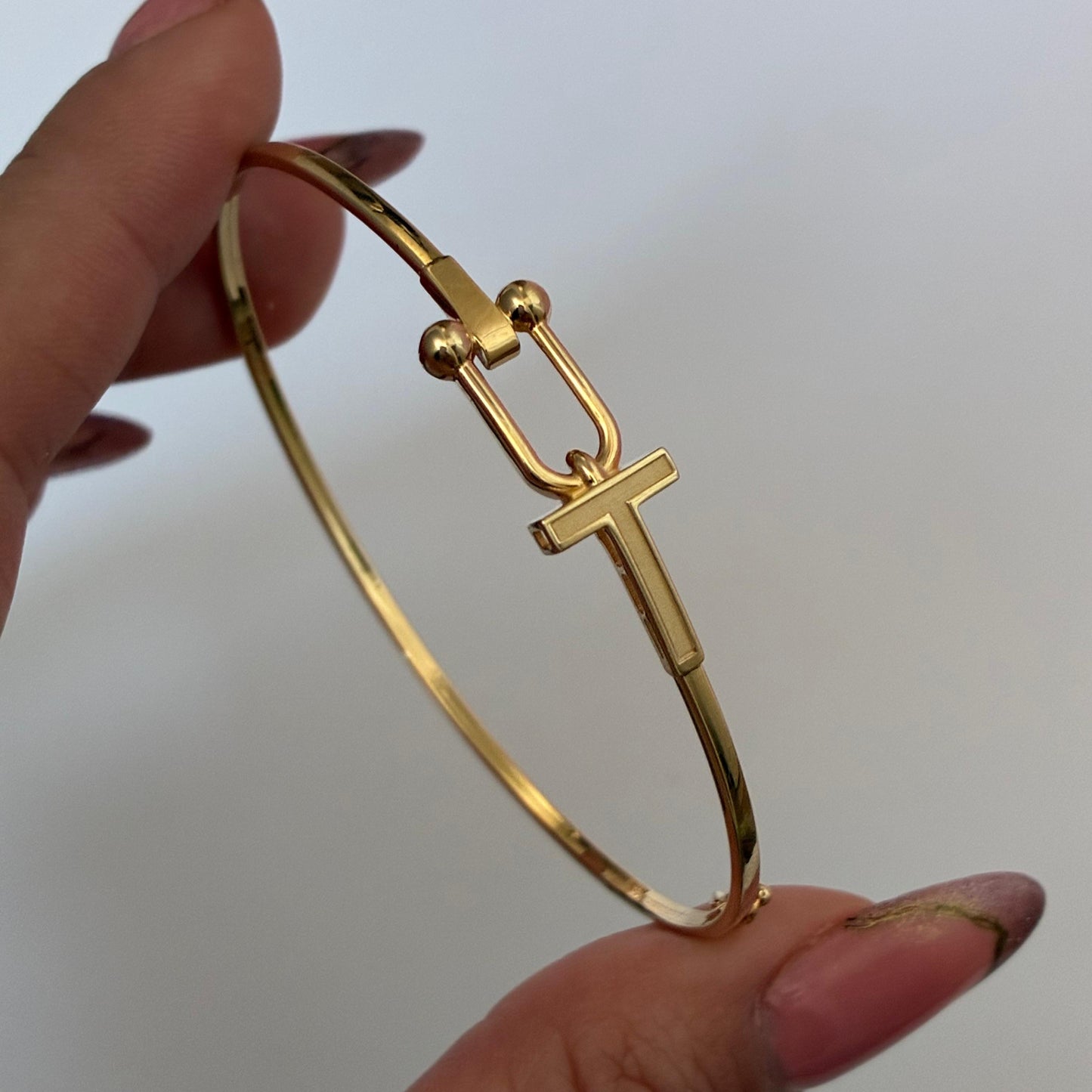 PAPER CLIP RING BRACELET + PLAIN T YELLOW GOLD ITALY ESP 18K 18CM - 3.6GR